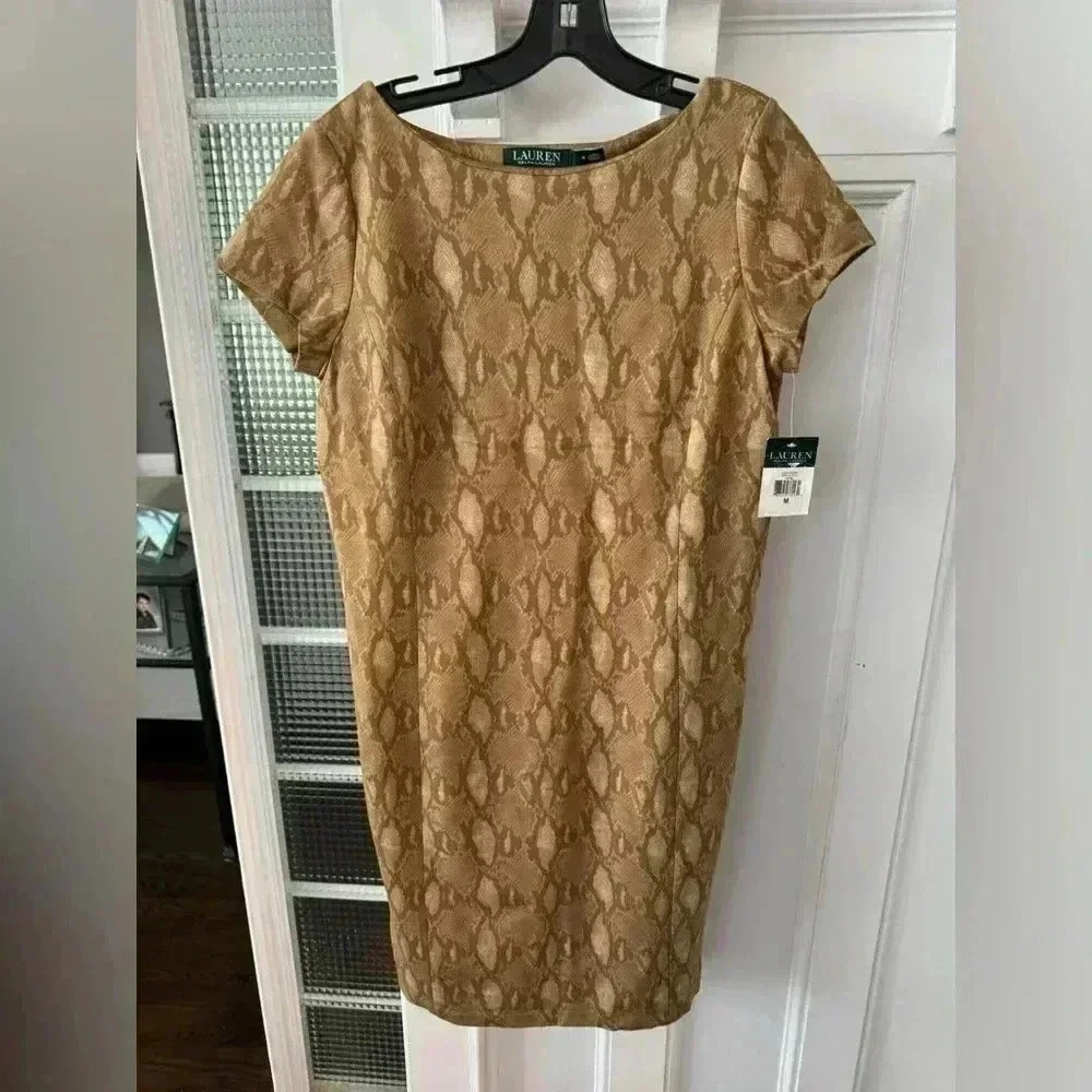 Lauren Ralph Lauren Tan And Beige Short Sleeve Body Con Dress Size Medium New